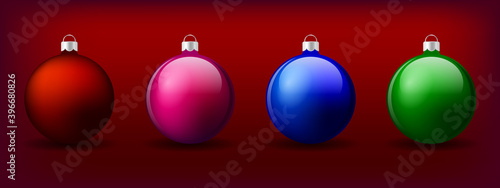 Set of Christmas balls with different colors isolated on red background, vector illustration