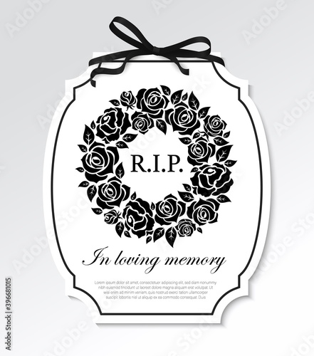 Funeral frame with black flowers round wreath, mourning ribbon bow and typography. Funereal card with RIP rest in peace and in loving memory condolence. Gravestone plaque or frame with roses vector