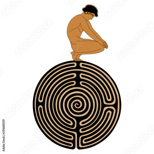 Ancient Greek boy sitting on round spiral maze or labyrinth. Creative concept.