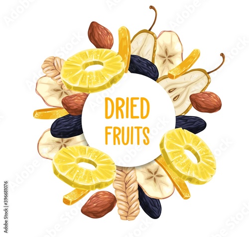 Dried fruits round poster or frame. Pineapple ring, prunes or damson and candied ginger strip, pear slice, dates and dry melon sketch vector. Dried and crystallized fruits vegetarian dessert banner