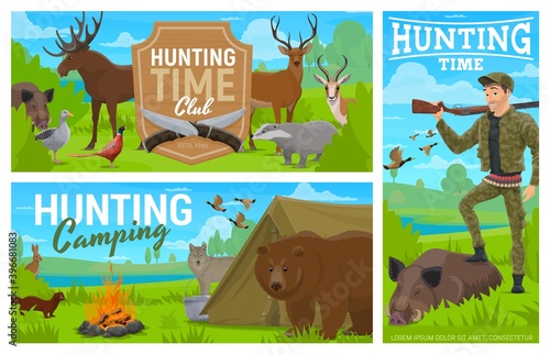 Hunting camping  club vector banners. Hunter with rifle and equipment posing with killed boar trophy in forest camp with tent  bowl  wild animals and birds. Hunt season opening  hunter with ammo gun