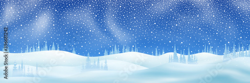 Winter landscape. Falling snow, forest and blizzard. Vector illustration.