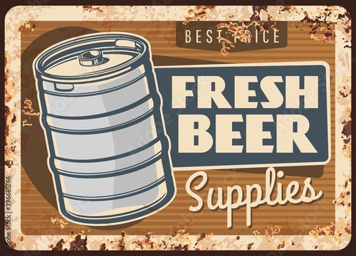 Draught or keg beer rusty metal vector plate. Metal, half-barrel keg and vintage typography. Brewery, beer manufacturing and supply retro banner, advertising poster with rust texture