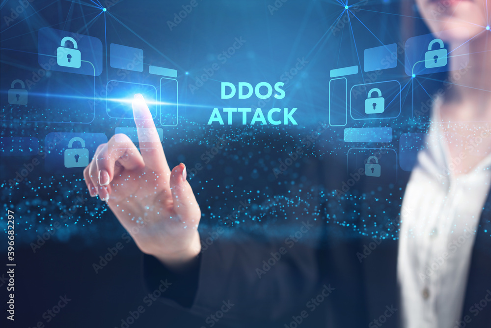 Obraz premium Business, Technology, Internet and network concept. Young businessman working on a virtual screen of the future and sees the inscription: Ddos attack