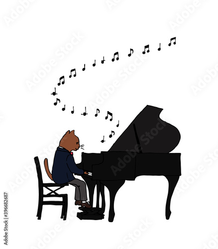 ピアノの演奏をする猫　手描き