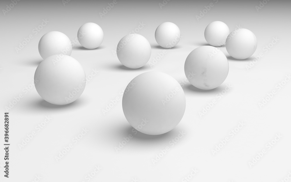 White abstract background. Set of white balls isolated on white backdrop. 3D illustration White abstract background. Set of white balls isolated on white backdrop. 3D illustration