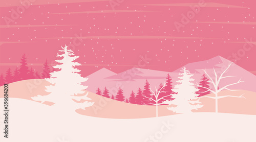 Quadro em tela beauty pink winter landscape scene with pines trees