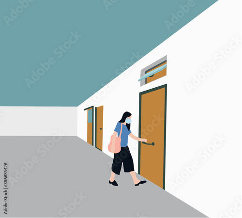 Woman with medical face mask opening the door of her room. Coronavirus, Covid-19 pandemic stay at home concept.