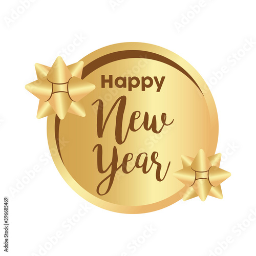 happy new year golden lettering with bows in circular frame