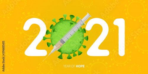 Happy New Year 2021 banner with Covid-19 Vaccine and Virus. Year of hope. Banner design template for New Year 2021 decoration in Covid-19 Vaccine Concept. Vector illustration.