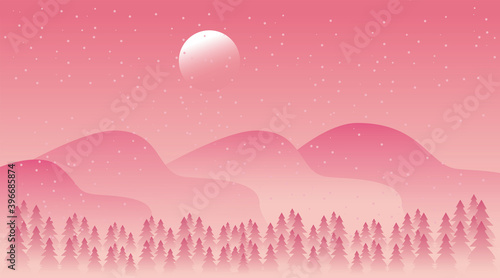 beauty pink winter landscape with forest and mountains scene