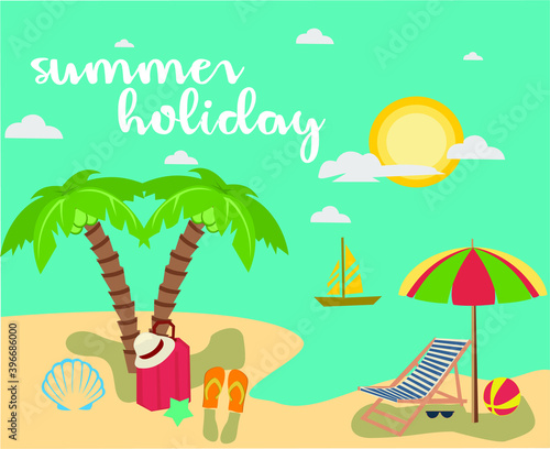 illustration of a tropical island with beach chairs  palms and oceans. Holiday vector banner.