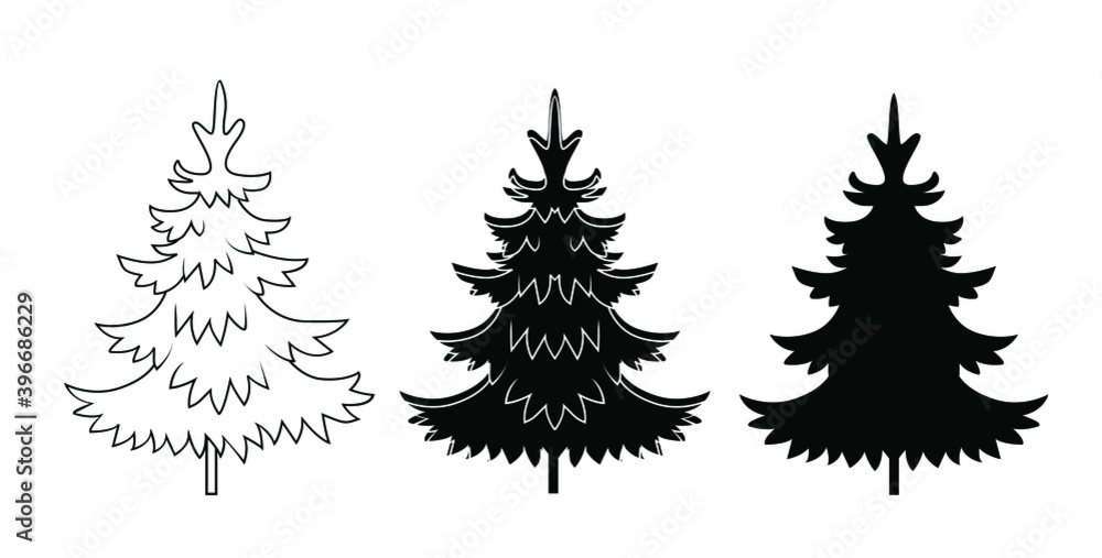 Obraz premium A set of black Christmas Trees. Winter season design elements and simply pictogram collection. Isolated vector Icons and Illustration.
