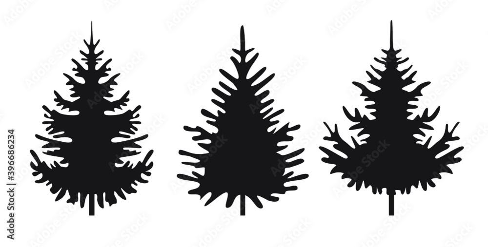 Fototapeta premium A set of black Christmas Trees. Winter season design elements and simply pictogram collection. Isolated vector Icons and Illustration.