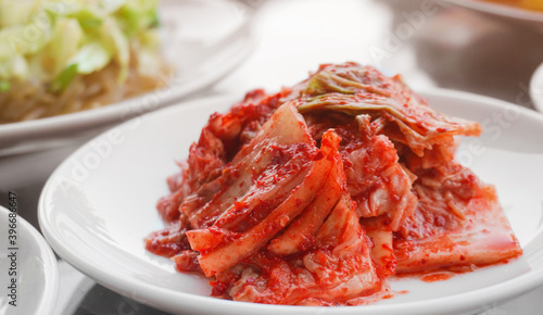 Close up Kimchi cabbage, fermented vegetables,. Traditional Korean side dish.