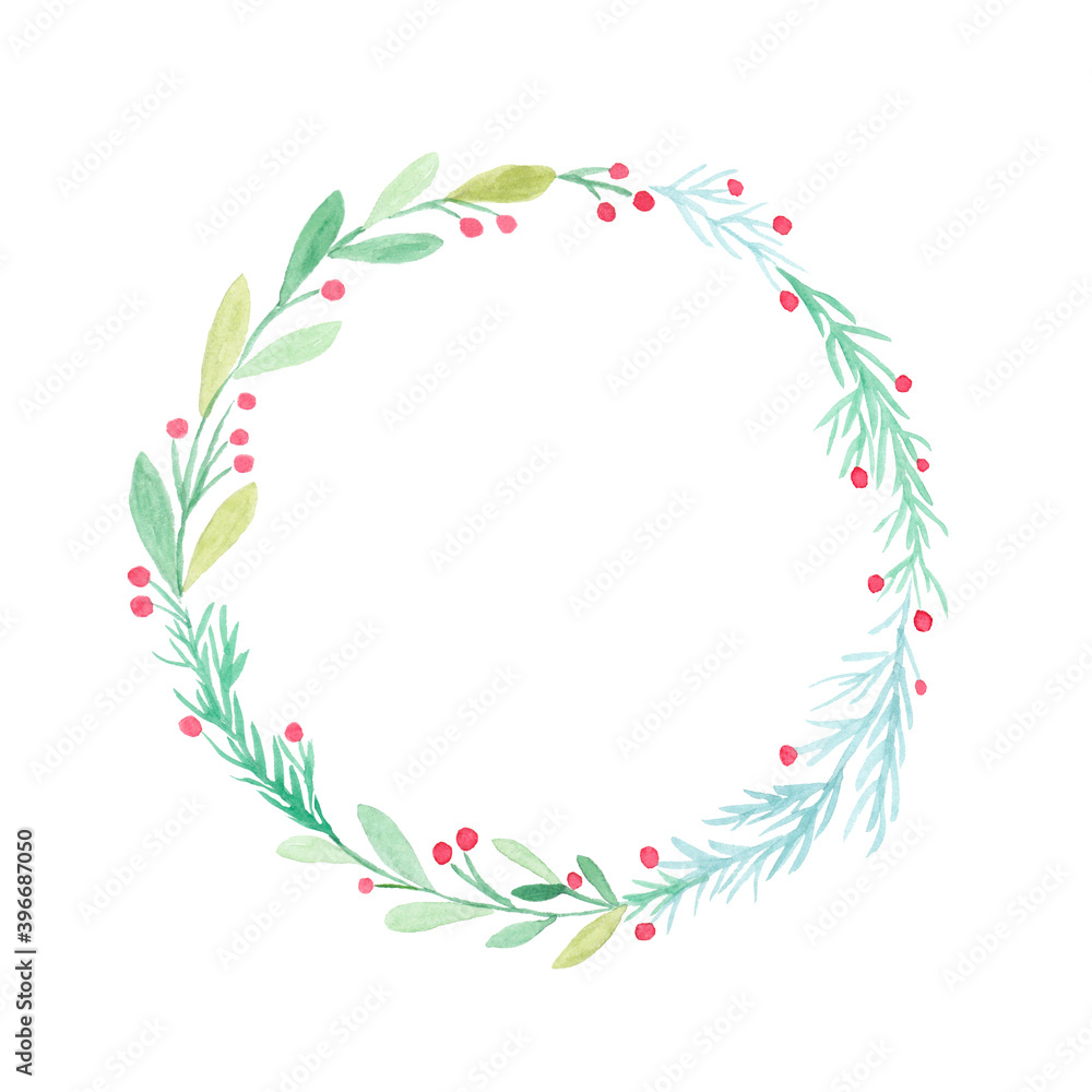 Christmas wreath watercolour painting isolatedon white background, Christmas season greeting card illustration, Holiday inviation frame background