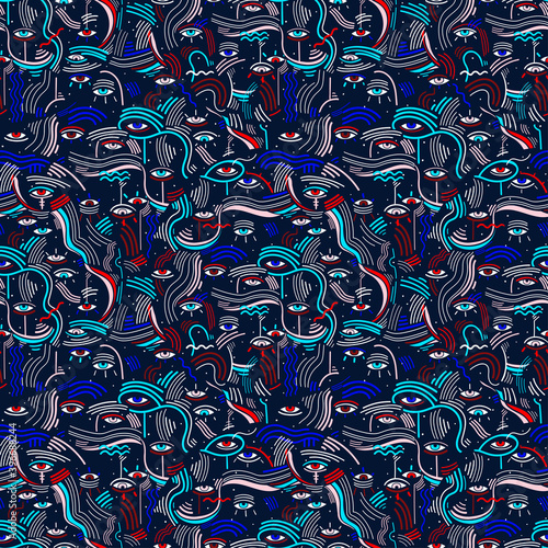 Modern doodle psychedelic fashion eyes seamless pattern in minimalist Memphis style with eyes.