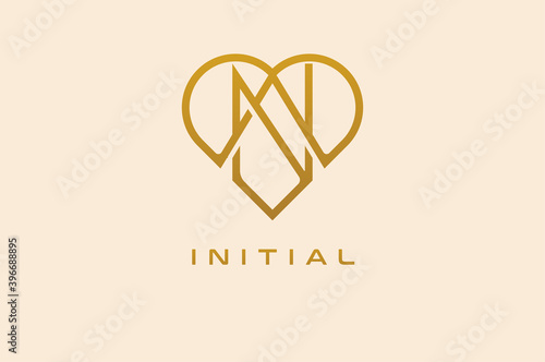 Abstract initials  A and N logo, gold colour line style heart and letter combination, usable for brand, card and invitation, logo design template element,vector illustration