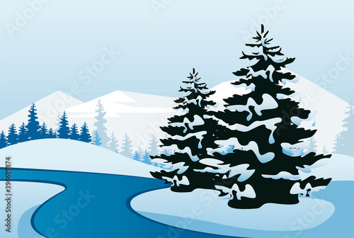 beautiful winter landscape scene with pines trees