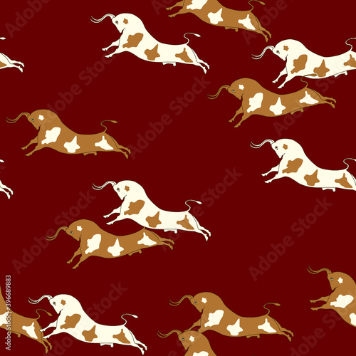 Seamless geometrical pattern with running bulls. Based on ancient Cretan fresco motifs.