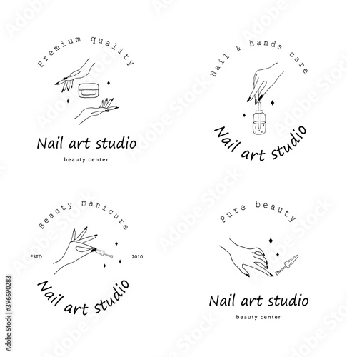 Nail art studio logo set. Modern design for beauty center, spa salon, manicure and pedicure bar. Linear vector illustration.