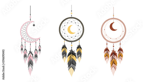Dream catcher with moon and feathers. Set of hand drawn indian talisman. Ethnic bohemian design element. Vector hipster illustration isolated on white background. Flat boho style.