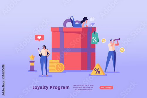 Happy customers participating in loyalty program. People in reward program with gifts. Concept of shopping, loyalty program, payment card, discount. Vector illustration for UI, web banner, mobile app