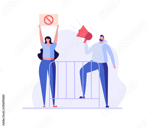 Man and woman with a placard, shout near fence. Concept of protest, stopping, rejection, rally, action, political revolution, demonstrate, manifesting, activists. Vector illustration in flat design