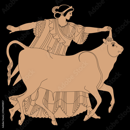 Europa with Zeus as bull. Ancient Greek mythology. Monochrome silhouette. Vase painting style.
