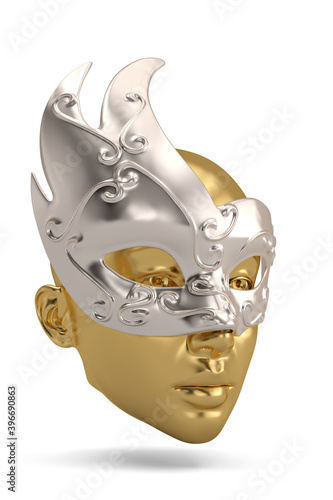 Golden head sculpture and mask isolated on white background. 3D illustration.