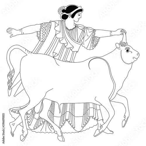 Europa with Zeus as bull. Ancient Greek mythology. Black and white linear silhouette. Vase painting style.	