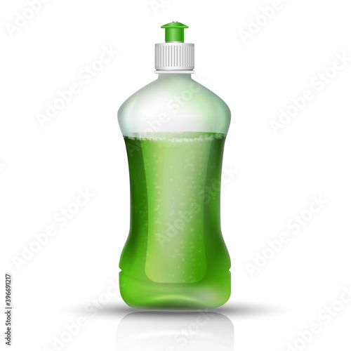 realistic vector dish washer liquid bottle with green cap. Isolated icon illustration on white background.