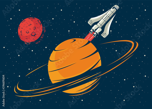 saturrn and mars with spaceship in poster vintage style