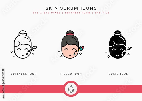 Skin serum icons set vector illustration with solid icon line style. Serum absorption symbol. Editable stroke icon on isolated background for web design, infographic and UI mobile app.