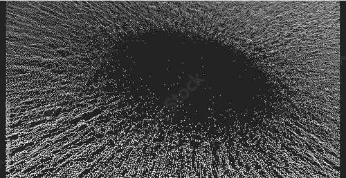 Small particles strive out of center. Array with dynamic particles. Abstract grid design. Vector illustration in technology style. Can be used for science or education.