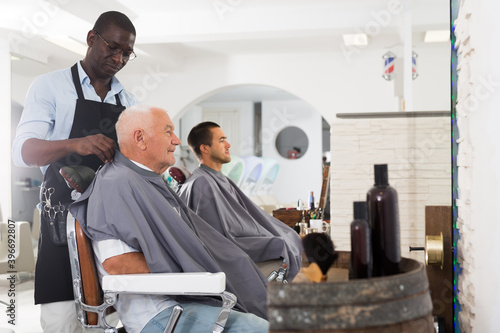 Skillful African-American barber putting on hairdresser cape to elderly male client sitting in haircut chair