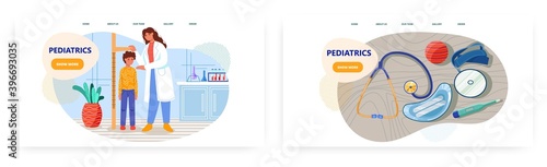 Pediatric doctor uses stadiometer to measure height of young boy patient. Medical concept vector illustration. Pediatrician and family physician doctor. Pediatric medicine tools