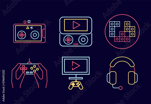 bundle of six video game neon style set icons