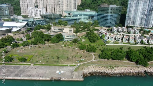 Hong Kong Cyberport waterfront park luxury residential buildings, Aerial view. photo