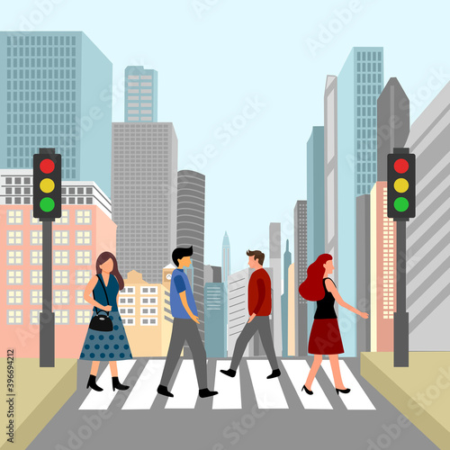 People walking across crosswalk on city street in flat design. Pedestrian crossing road with buildings on background.