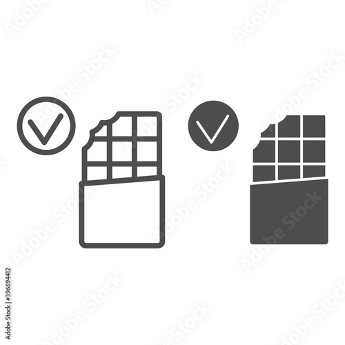 Bitten chocolate and checkmark line and solid icon, Dental concept, No hypersensitivity tooth sign on white background, Tooth not sensitive to sweet icon in outline. Vector graphics.
