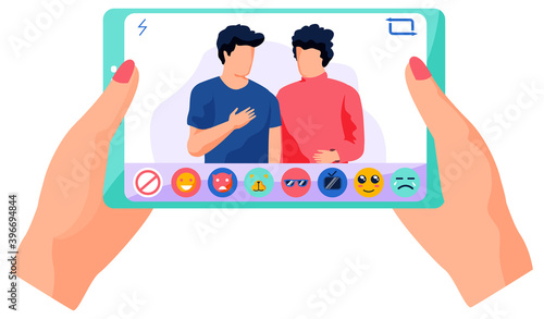 The girl is watching the broadcast from her phone. On video a man in a blue sweater talks to a man in red. Female character can choose different reactions during live broadcast vector illustration