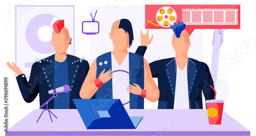 Guys in rock clothes are communicating in the studio. Rock band spend time and creates music together. Music group records the track and shoots the video. Voice training in recording studio