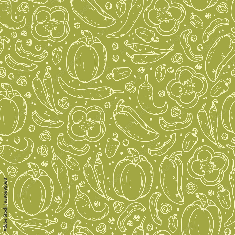 Vegetables and Spices Vector Seamless pattern. Hand drawn doodle: bell pepper, chili pepper, hot pepper, peppercorns. Vegetables and Spices Vector Seamless pattern. Hand drawn doodle: bell pepper, chili pepper, hot pepper, peppercorns.