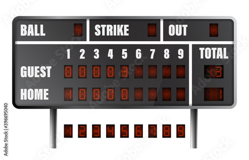 realistic baseball scoreboard. Score on board during match on field. Team sports. Active lifestyle. American national sport. Vector