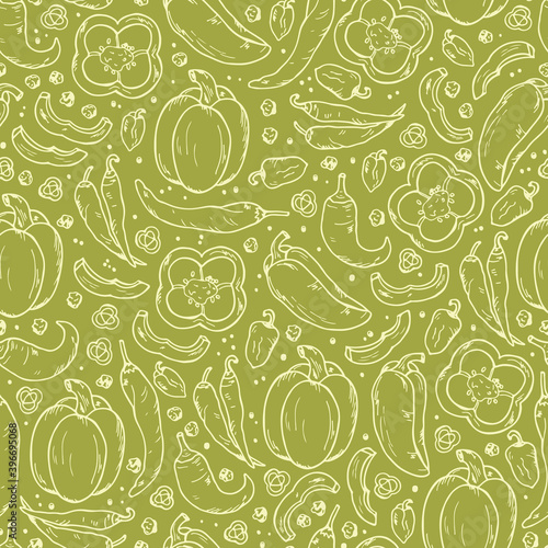 Vegetables and Spices Vector Seamless pattern. Hand drawn doodle: bell pepper, chili pepper, hot pepper, peppercorns.