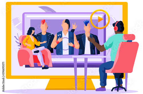 Rockers in leather jackets on a computer screen. A man sits by the table with headphones looking at the monitor. The girl on the video is sitting in a chair near a rock band vector illustration