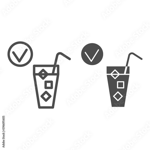 Cold drink and checkmark line and solid icon, International dentist day concept, No hypersensitivity tooth sign on white background, Tooth not sensitive to cold icon in outline style. Vector graphics.