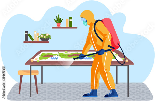A man from epidemiological service doing disinfection livingroom with board game on the table to kill viruses and bacteria. Male character in a protective suit sprays a room with disinfectant solute