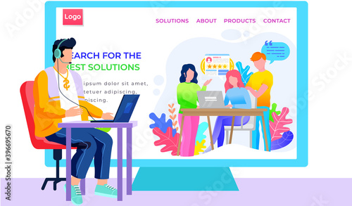 Business application Internet shop website layout. Online store landing page template. Pastime for students chatting via the Internet. Paid program for searching for solutions. Boy looks at the screen